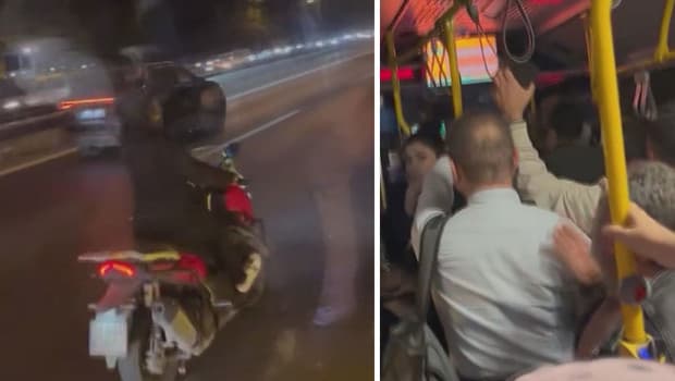 Motosiklet sürücüsü, otobüs şoförüne cisim fırlattı