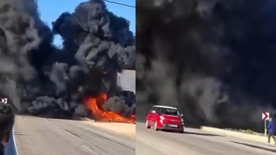 Lastikçide karayolunu trafiğe kapatan yangın