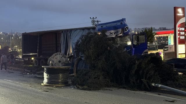 Freni boşalan tır 4 araca çarpıp elektrik direğini devirdi