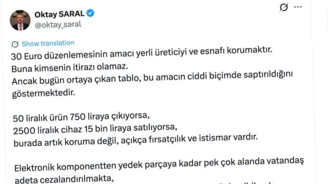 Cumhurbaşkanı Başdanışmanı Oktay Saral, 30 euro düzenlemesini eleştirdi