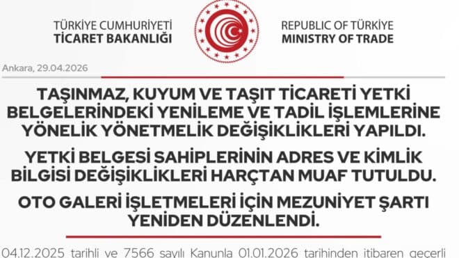 Ticaret Bakanlığı: "Oto galeri işletmeleri için mezuniyet şartı yeniden düzenlendi"