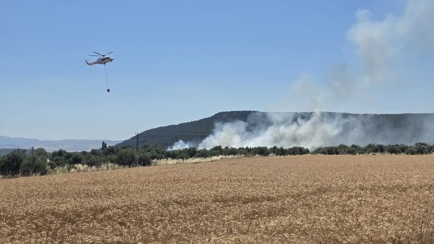Çanakkale'de tarım arazisinde yangın söndürme çalışmaları sürüyor
