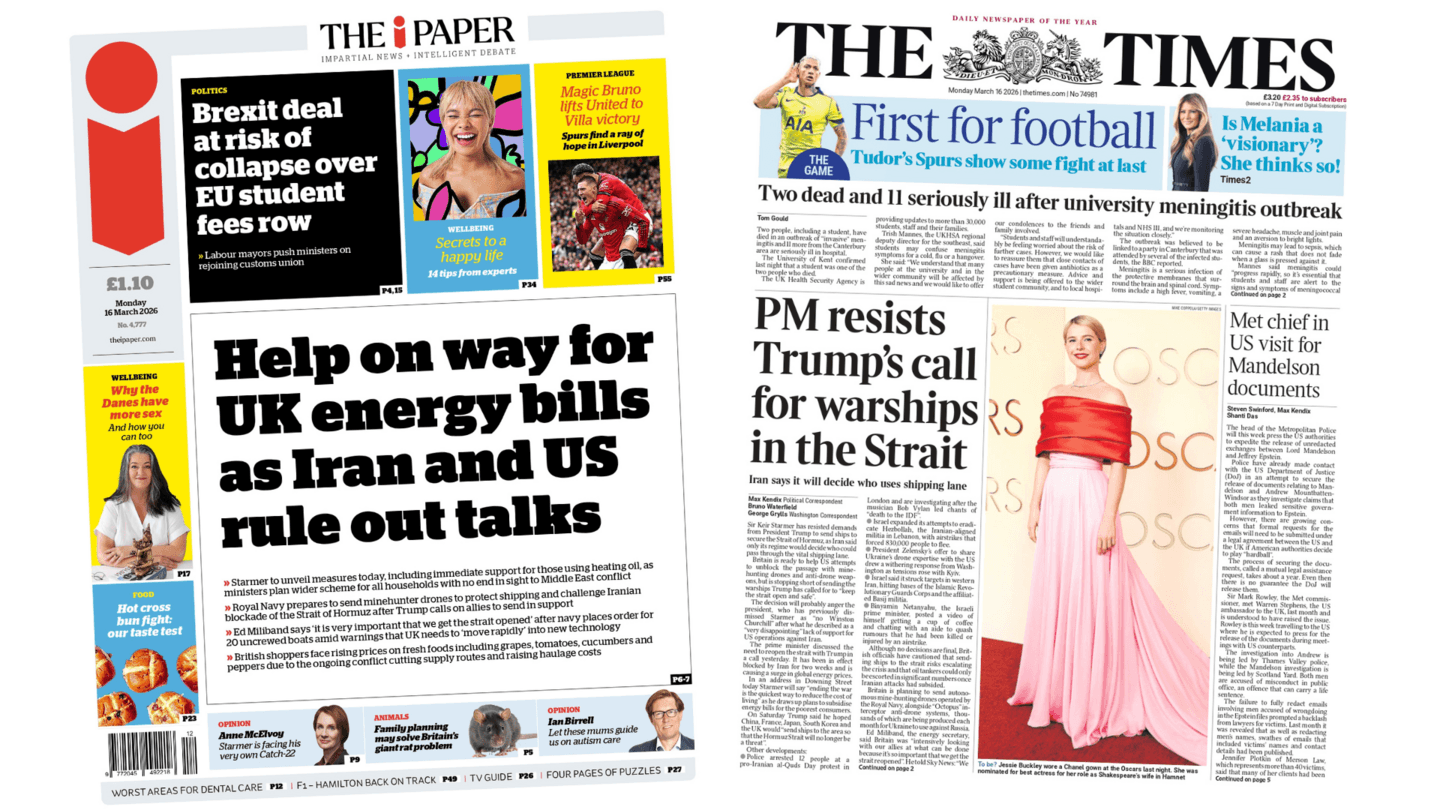 The Papers: 'Help' for energy bills and PM 'resists' Trump warships call