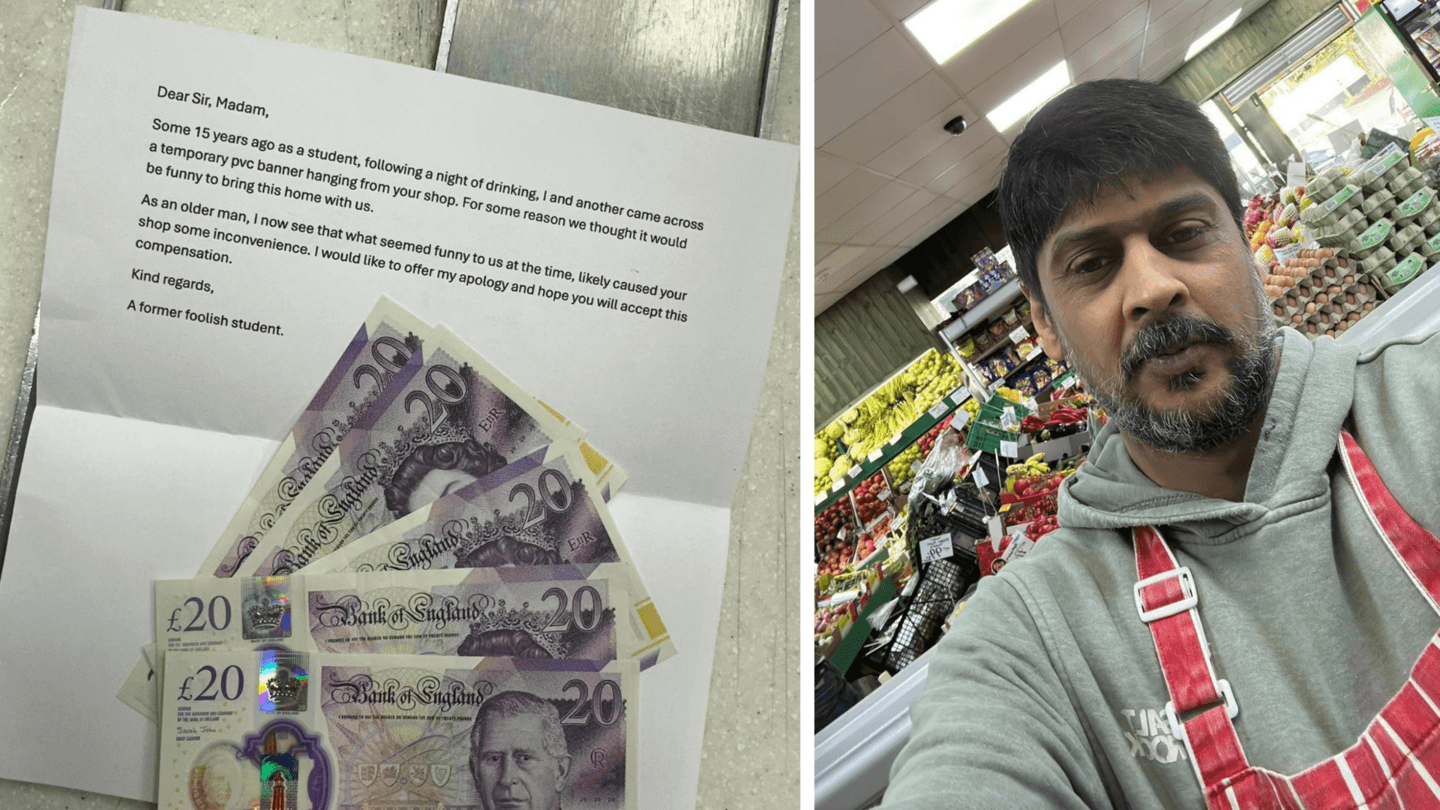 Shop owner gets £100 and apology 15 years after student stole sign
