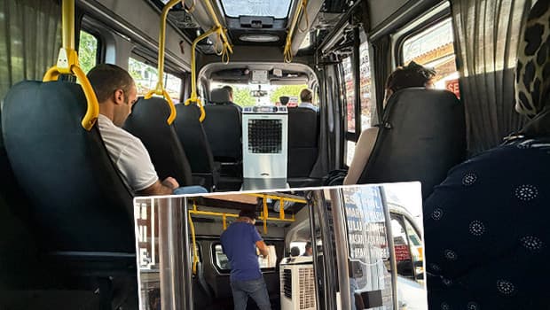 Diyarbakır'da minibüs şoförü sulu klima ile yolcularını serinletiyor