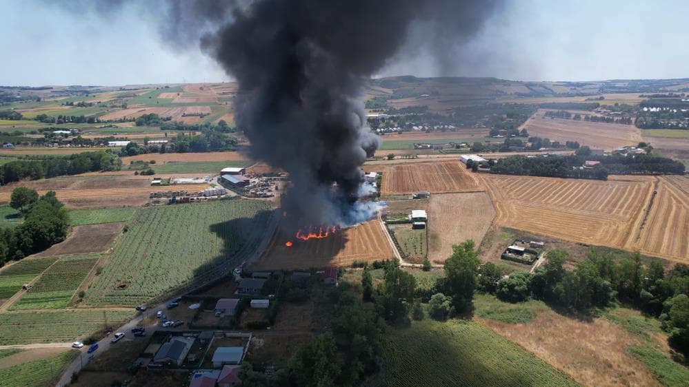 Çatalca'da fabrika yangını, alevler otluk alana sıçradı