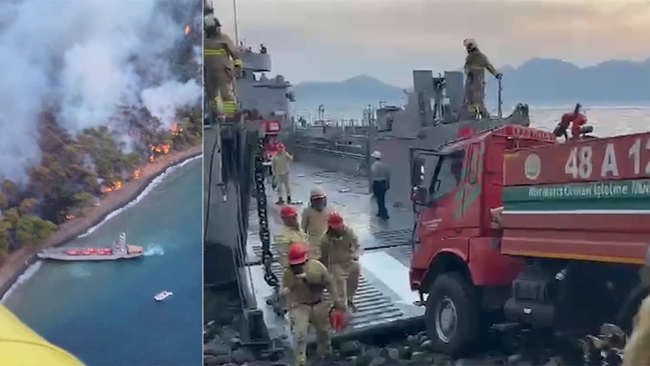 Marmaris'te orman yangınına çıkarma gemileriyle müdahale edildi