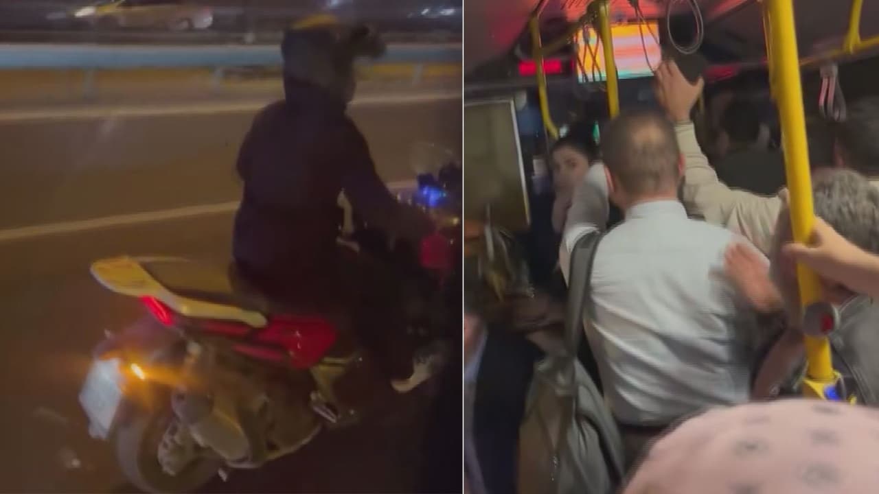 Motosiklet sürücüsü, otobüsün camını kırdı