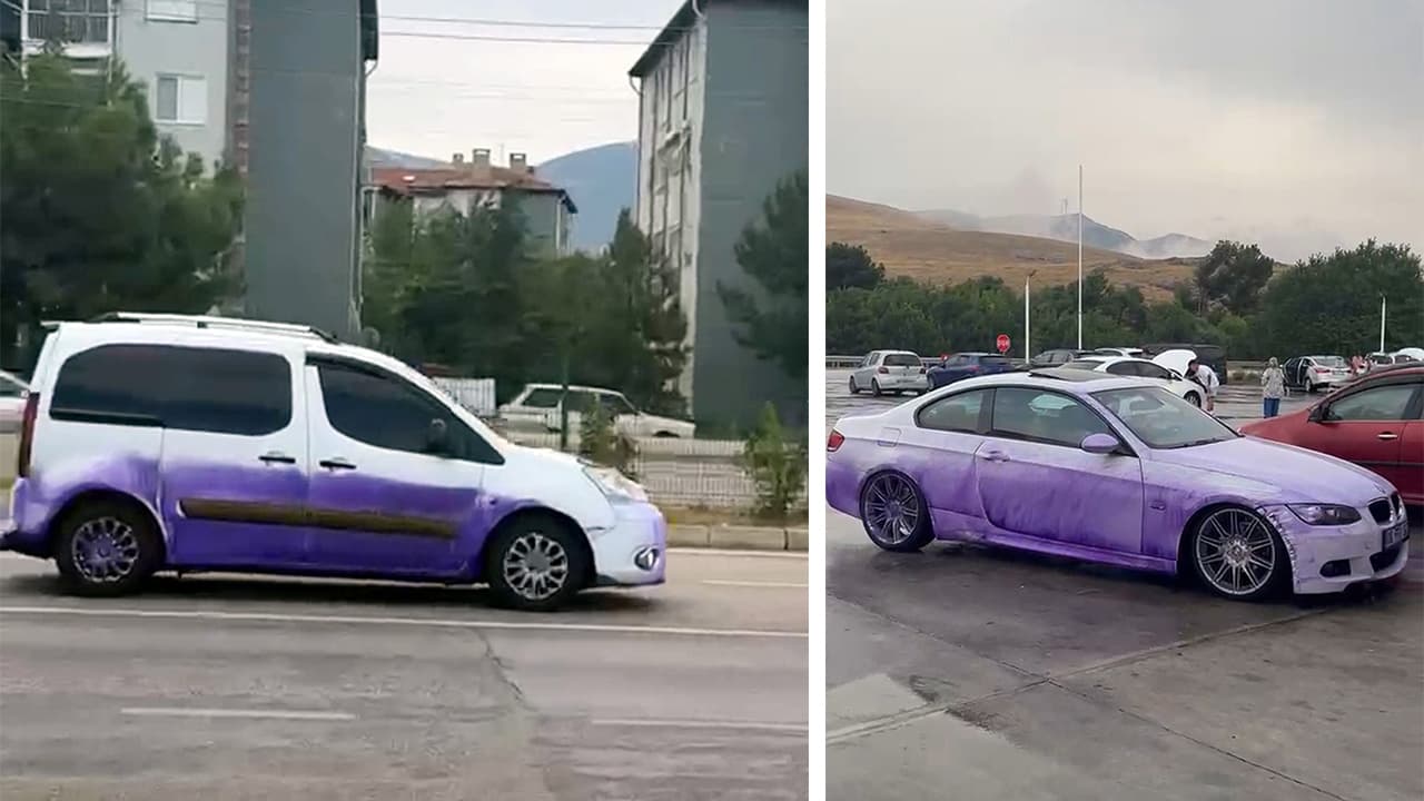 Afyonkarahisar'da mor renge boyanan aracın sırrı çözüldü