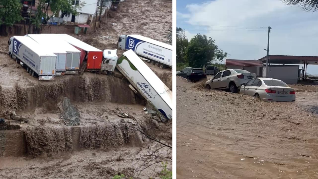 Sağanak yağış TIR'ları sürükledi