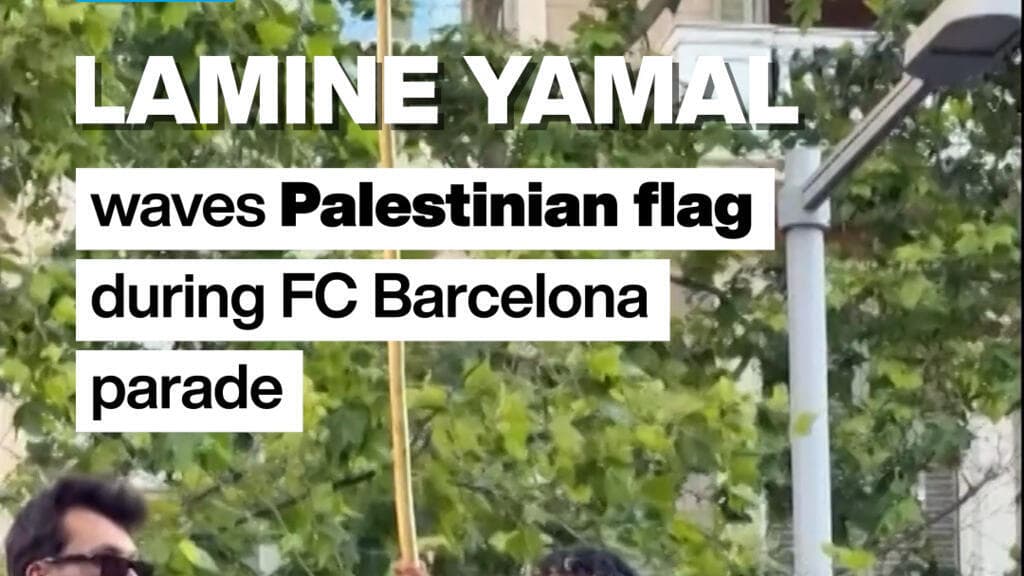 Lamine Yamal of FC Barcelona Displays Palestinian Flag During La Liga Celebration