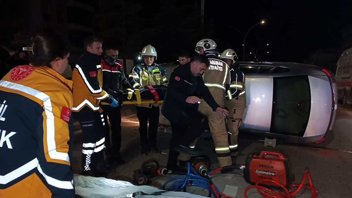 Takla atan aracın içinde sıkıştı, ekipler seferber oldu