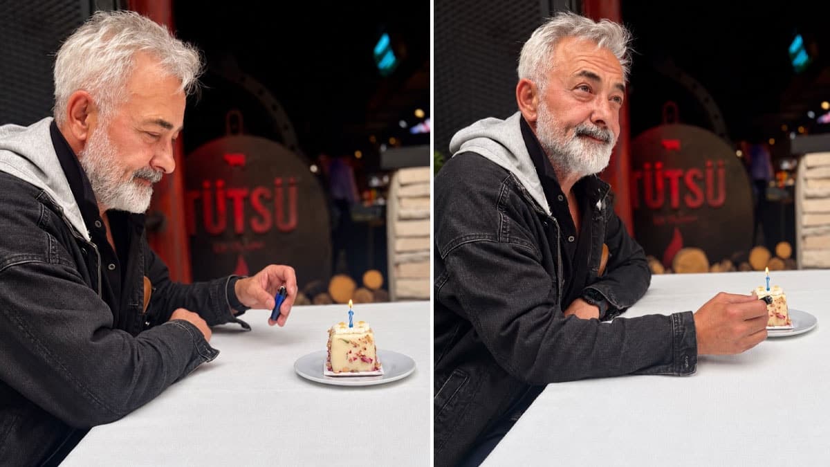Mehmet Aslantuğ 65. yaş gününde pasta ile poz verdi