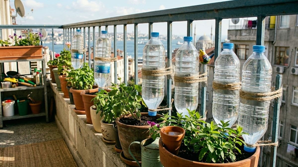 Balkon bitkileri için pet şişe kullanma önerisi