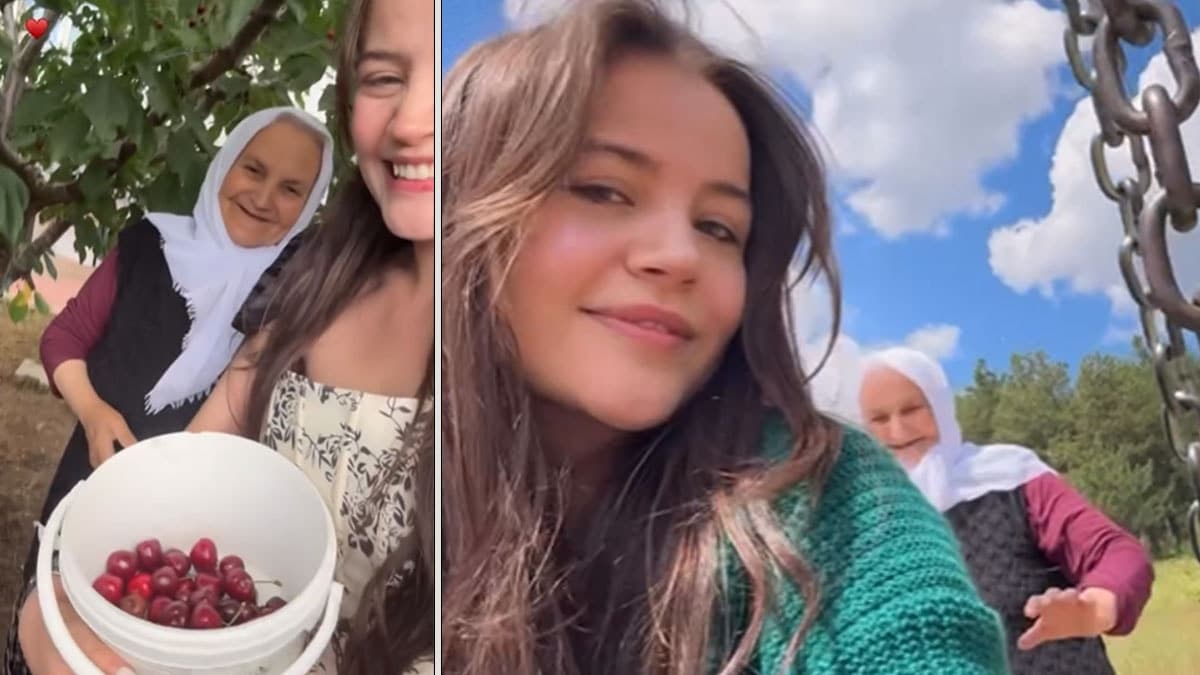 Yağmur Yüksel, babaannesiyle bahçede kiraz topladı