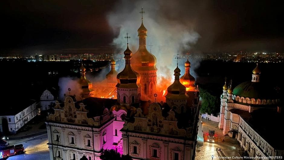 Kyiv's historic Pechersk Lavra cathedral engulfed in flames from Russian strikes
