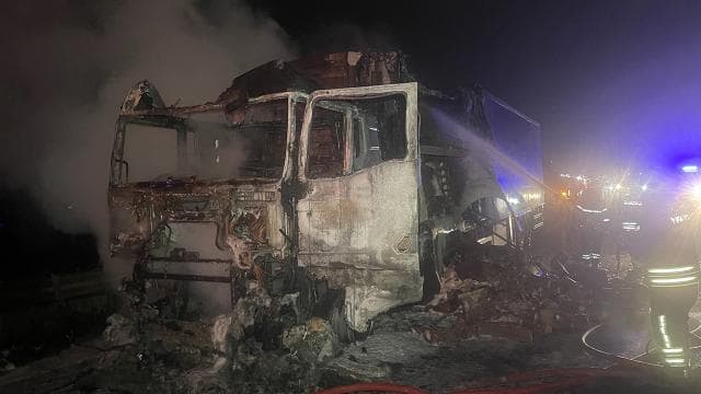 Tavuk eti yüklü tır yangında tamamen yandı