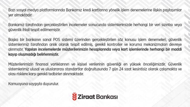 Ziraat Bankası, veri sızıntısı iddialarını yalanladı